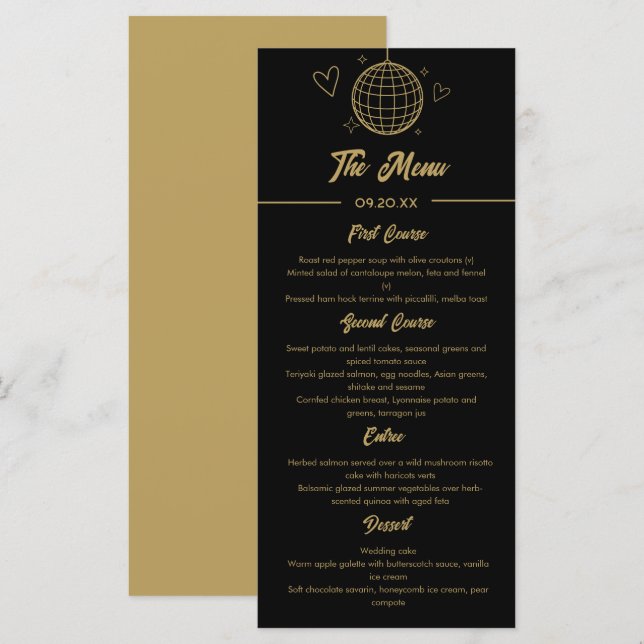 Black And Gold Retro Groovy Disco 70s Wedding Menu (Front/Back)