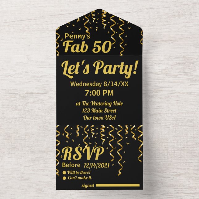 Black and Gold Ribbons Fab 50 Birthday Party  All In One Invitation (Inside)