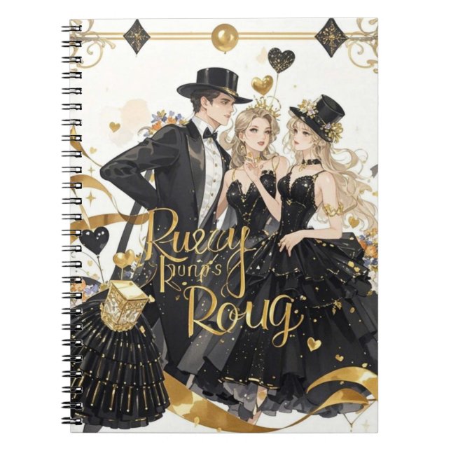 Black and gold, Rich luxury, Moulin rouge style Notebook (Front)