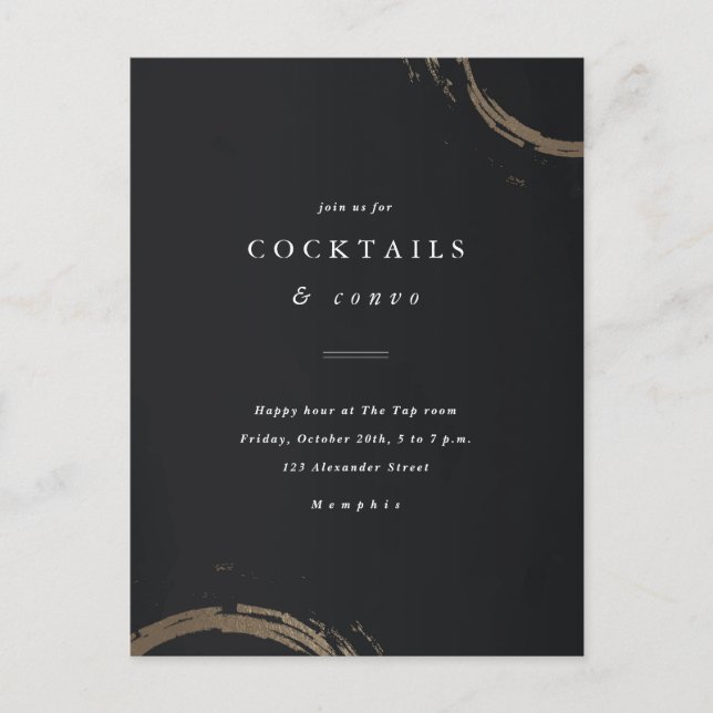Black and Gold Rings Cocktail Party Invitation Postcard (Front)