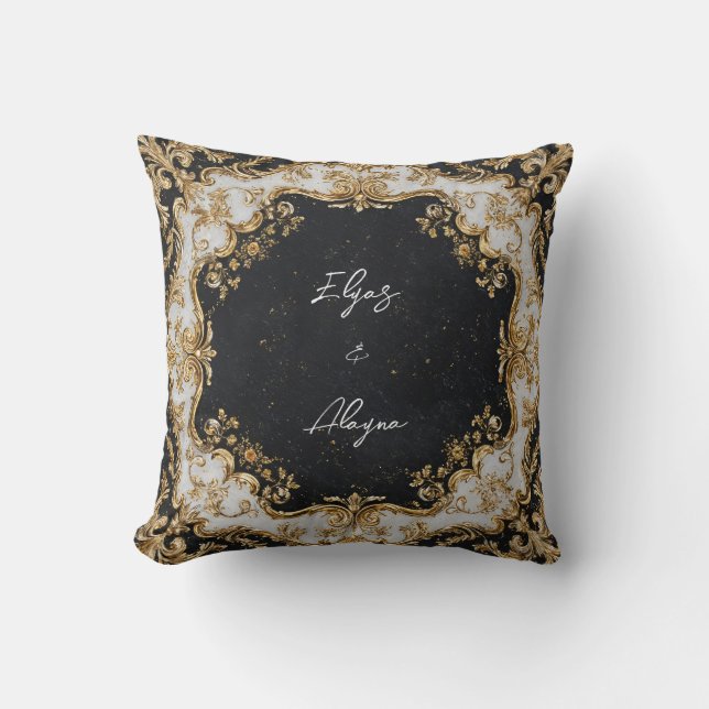 Black and Gold Rococo Frame Wedding Sticker Throw Pillow (Front)