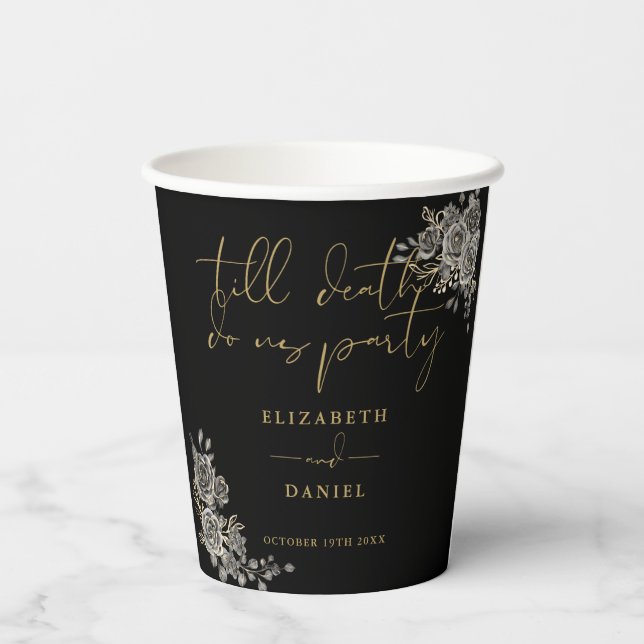 Black And Gold Roses Floral Gothic Wedding Paper Cups (Back)