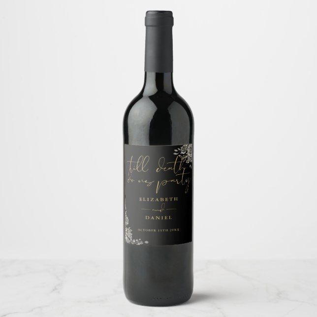 Black And Gold Roses Floral Gothic Wedding Wine Label (Front)