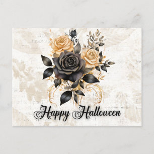 Black and Gold Roses Leaves Foliage Halloween Holiday Postcard