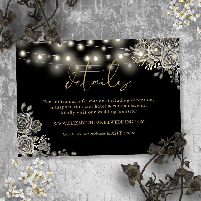 Black And Gold Roses Lights Gothic Wedding Details Enclosure Card (Black And Gold Roses Lights Gothic Wedding Details Enclosure Card)
