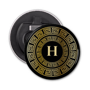 Black and Gold Round Greek Key Custom Monogram Bottle Opener