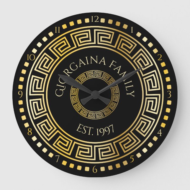 Black and Gold Round Greek Key Custom Name Large Clock (Front)