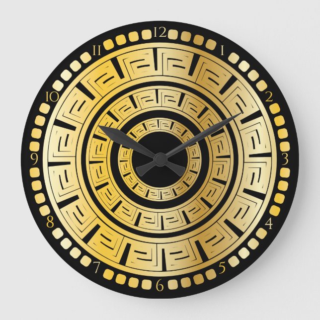 Black and Gold Round Greek Key Large Clock (Front)