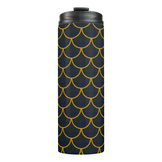 Black and Gold Scalloped Scale Pattern Thermal Tumbler (Front)
