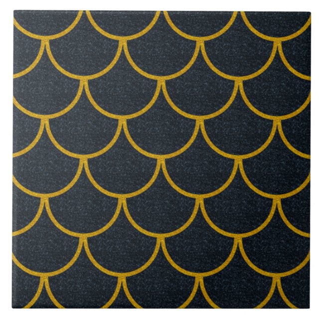 Black and Gold Scalloped Scale Pattern Tile (Front)