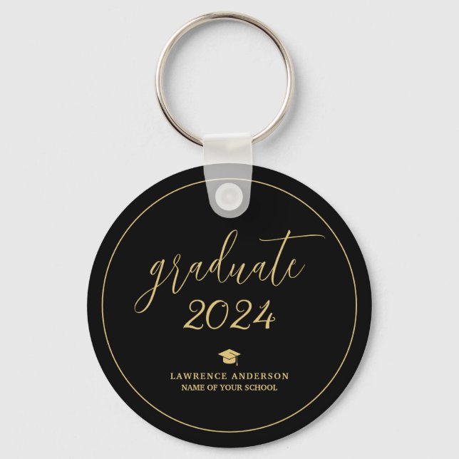 Black and Gold Script 2024 Graduate Graduation Keychain (Front)