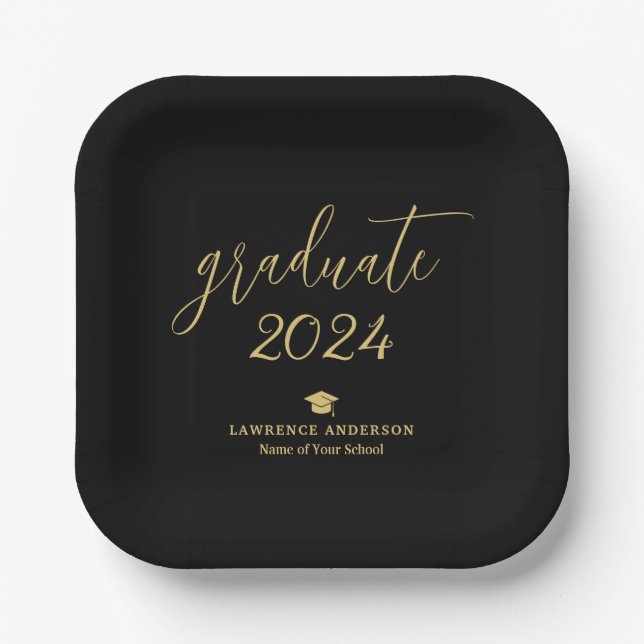 Black and Gold Script 2024 Graduate Graduation Paper Plate (Front)