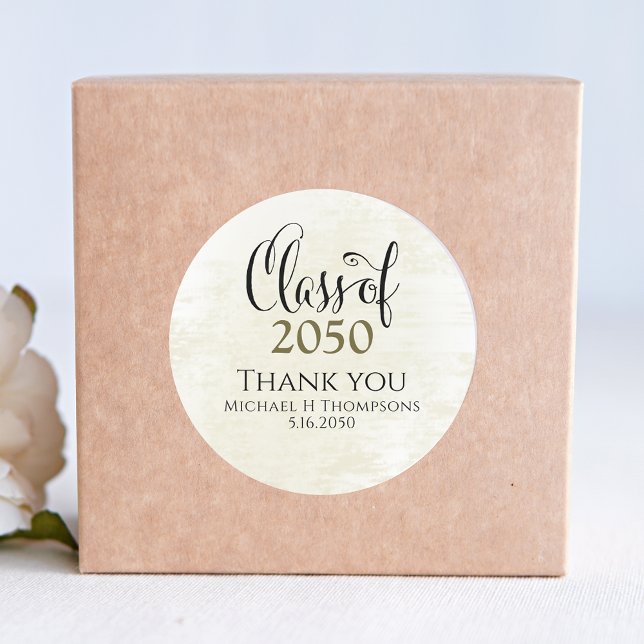 Black and Gold Script Graduation Custom Classic Round Sticker (Creator Uploaded)