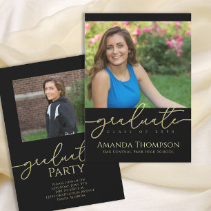 Black and Gold Script Graduation Photo  Invitation