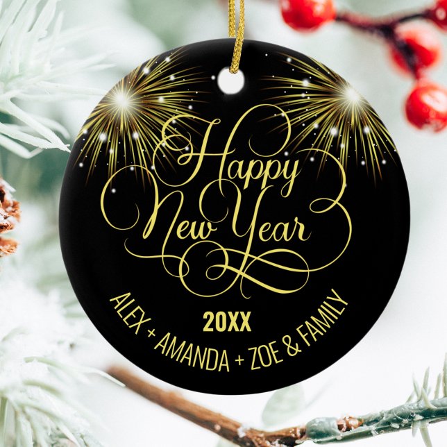 Black and gold Script Happy New year Ceramic Ornament (Creator Uploaded)