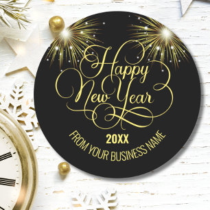 Black and gold Script Happy New year Classic Round Sticker
