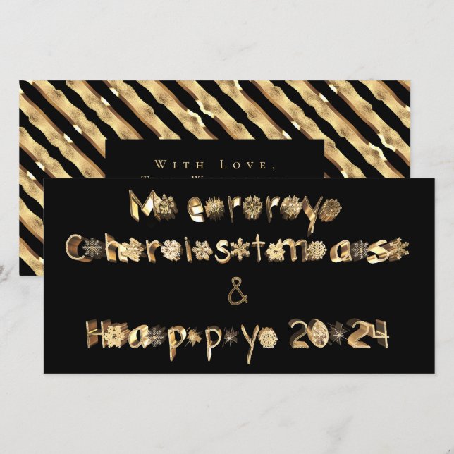 Black and Gold Script Merry Christmas Happy 2024 Holiday Card (Front/Back)