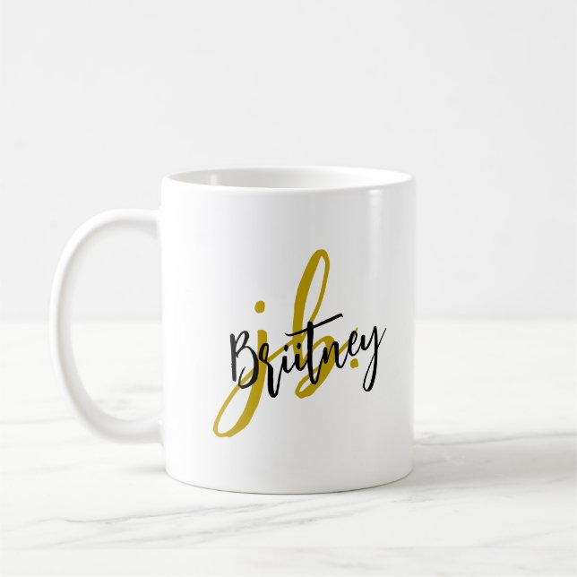 Black and Gold Script Monogram Coffee Mug (Left)