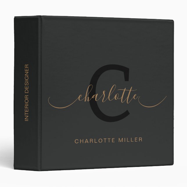 Black And Gold Script Monogram for Family Recipes  Binder (Front/Spine)