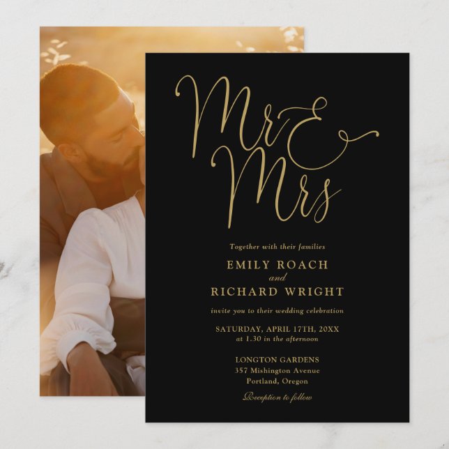 Black And Gold Script Mr And Mrs Photo Wedding Invitation (Front/Back)