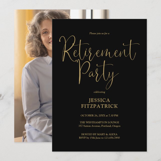 Black And Gold Script Photo Retirement Party Invitation (Front/Back)