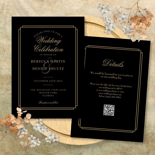 Black and Gold Script QR Code Art Deco Wedding Invitation (Black and Gold Script QR Code Art Deco Wedding Invitation)