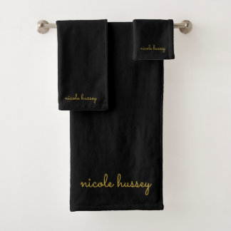 Black and Gold Script  | Stylish Monogram Modern Bath Towel Set