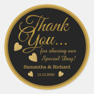 Black And Gold Script Thank You Wedding Favour   Classic Round Sticker