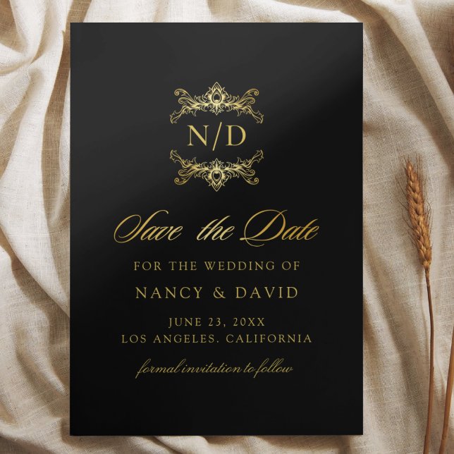 Black And Gold Script Typography Monogram Wedding  Save The Date (Creator Uploaded)