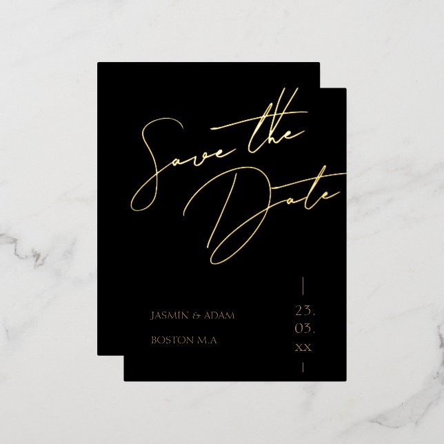 Black and Gold Script Wedding Save the Date Gold Foil Invitation Postcard (Front/Back)