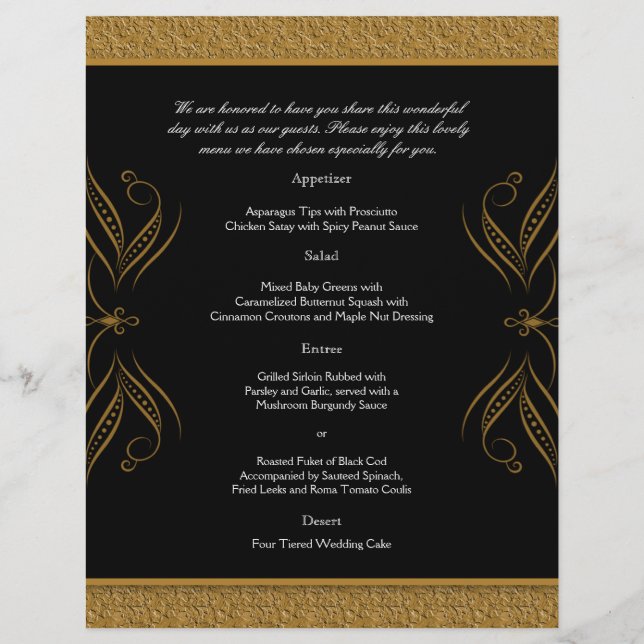 Black and Gold Scroll Accent Wedding Menu (Front)