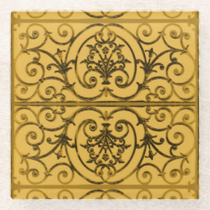 Black and gold scrollwork pattern glass coaster
