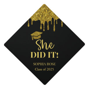 Black and Gold She Did it Graduation Cap Topper