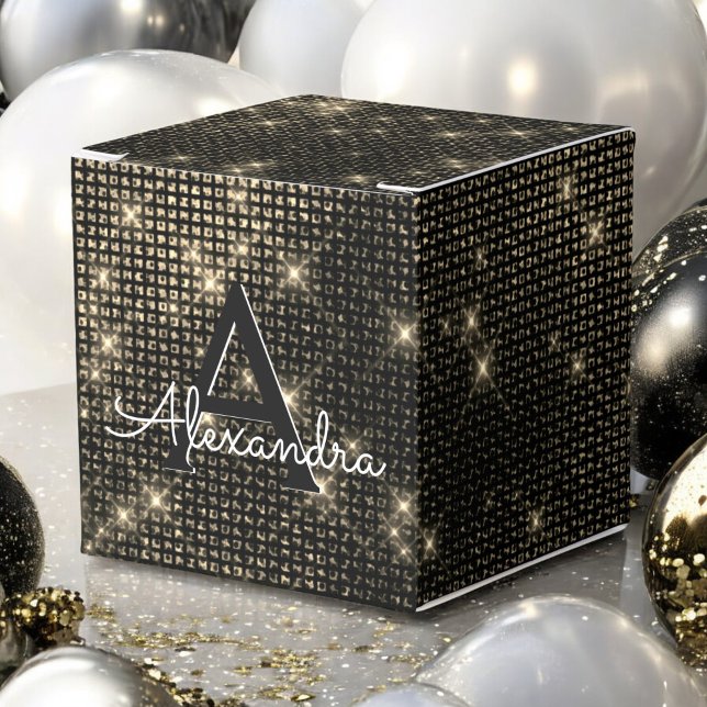Black and Gold Shimmer Monogram - Add Your Name Favor Box (Creator Uploaded)