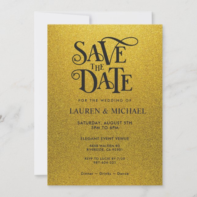 Black and Gold Shining Glitter Save The Date Invitation (Front)