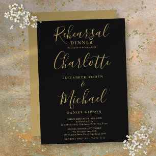 Black And Gold Signature Script Rehearsal Dinner Invitation