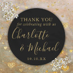 Black And Gold Signature Wedding Favour Thank You Classic Round Sticker<br><div class="desc">Black and gold signature wedding favour thank you classic round sticker featuring signature style names. Designed by Thisisnotme©</div>