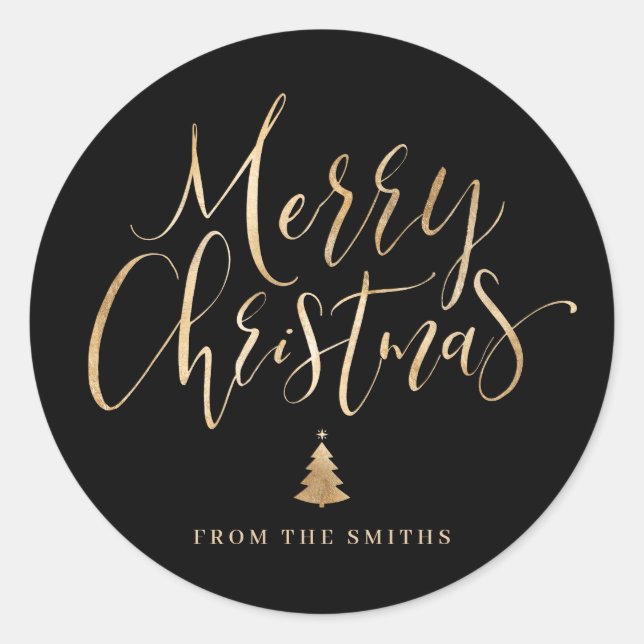 Black and Gold Simple Calligraphy Merry Christmas Classic Round Sticker (Front)