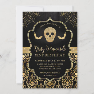 Black and Gold Skull and Bats Damask 21st Birthday Invitation