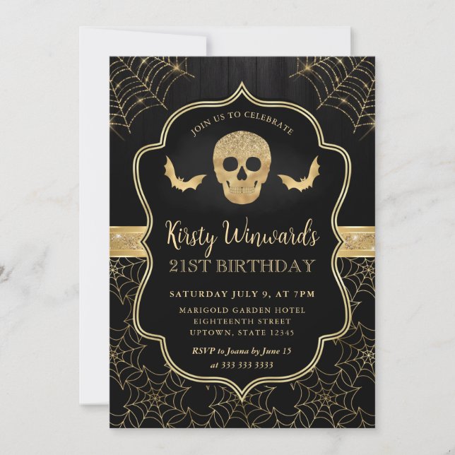 Black and Gold Skull and Cobwebs 21st Birthday Invitation (Front)