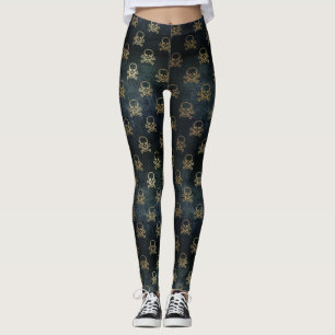 Black and Gold Skull & Crossbones Pattern Leggings