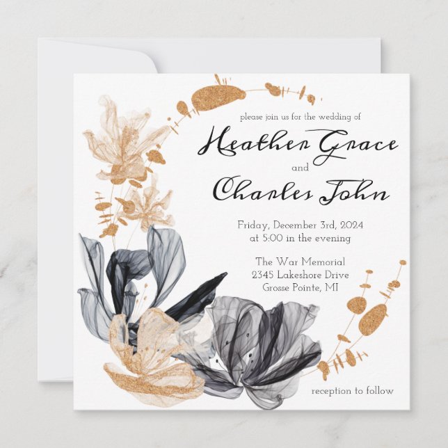 Black and Gold Smoke Flowers Wedding Invitation (Front)