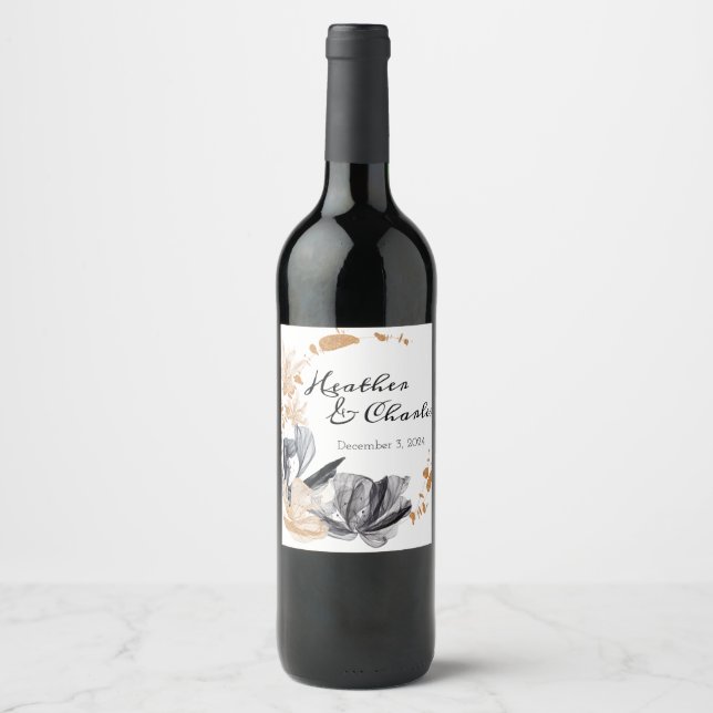 Black and Gold Smoke Flowers Wedding Wine Label (Front)