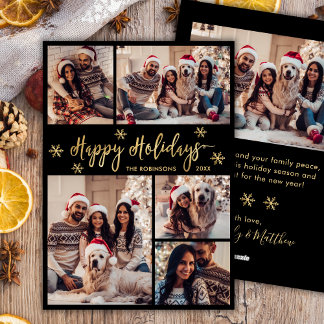 Black and Gold Snowflake 5 Photo Collage Christmas Holiday Card