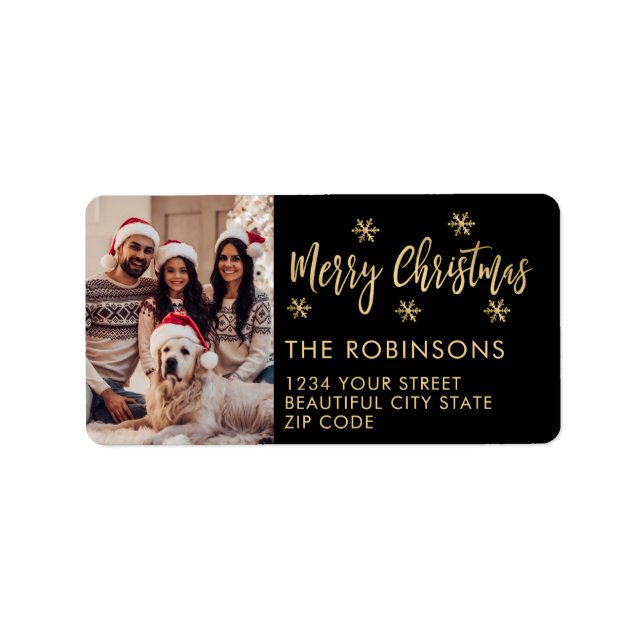 Black and Gold Snowflake Christmas Return Address Label (Front)