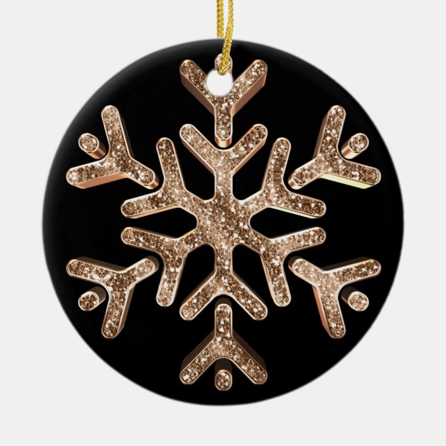 Black and Gold Snowflake Elegant Christmas Ceramic Ornament (Front)