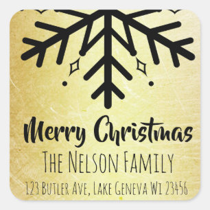 Black and Gold Snowflake Personalized Christmas Square Sticker