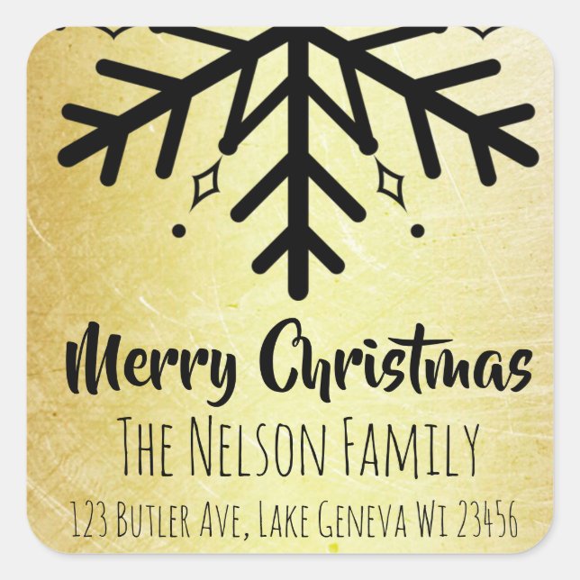 Black and Gold Snowflake Personalized Christmas Square Sticker (Front)