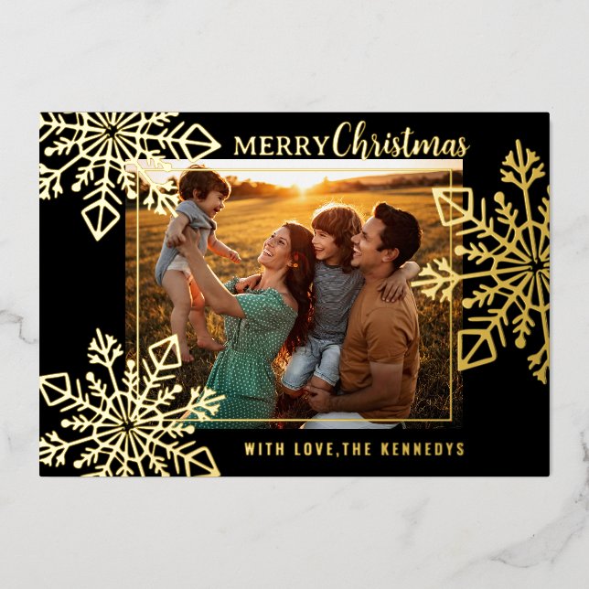 Black And Gold Snowflakes Merry Christmas Photo  Foil Holiday Card (Front)