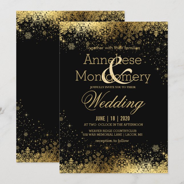 Black and Gold Snowflakes Wedding Invitation (Front/Back)
